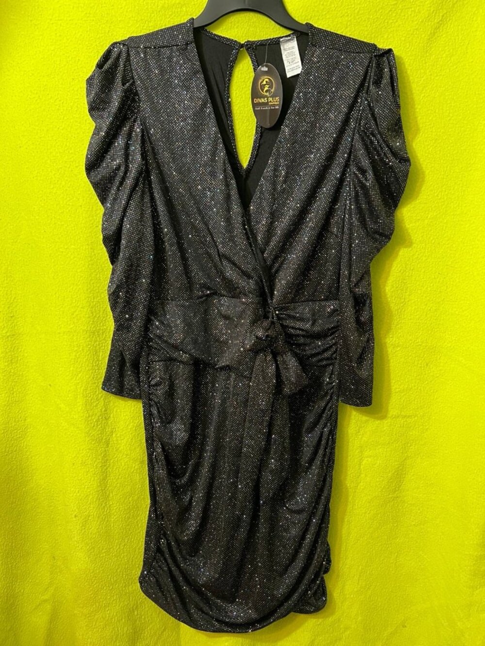 GLITTERY Metallic Black RUCHED Faux Wrap COCKTAIL VEGAS Mini DRESS